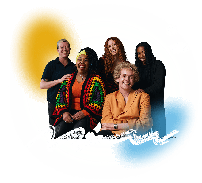 A diverse group of five people smile and laugh together against a dark background with yellow and blue glows and white brushstroke marks. The group includes people of different ethnicities, ages and styles of dress, conveying a welcoming and inclusive community.