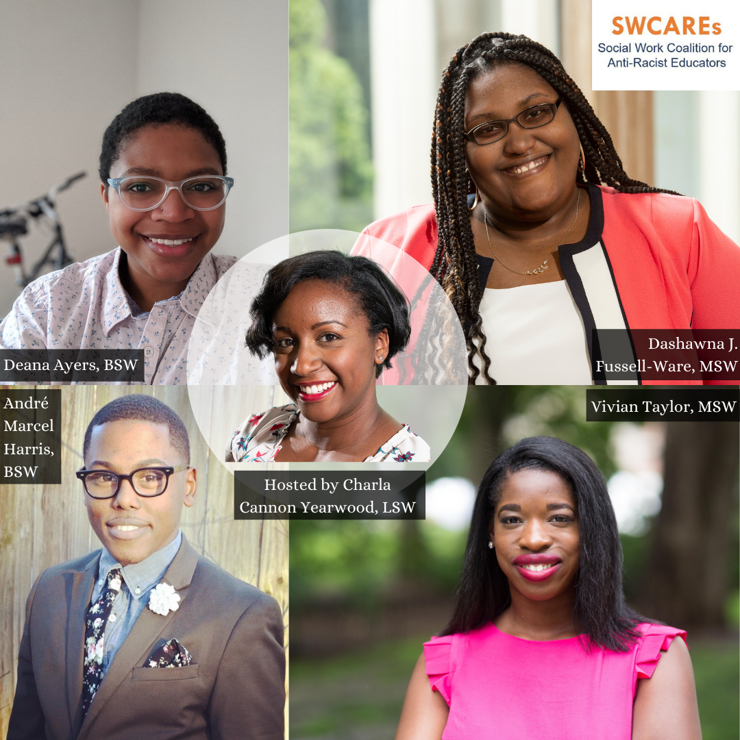Charla Yearwood, LCSW—host of this episode —joined by André Marcel Harris, BSW; Dashawna J. Fussell-Ware, MSW; Deana Ayers, BSW; and Vivian Taylor, MSW—Black social workers and leaders speaking out about their experiences in social work education—featured for their Doin' The Work podcast episode.