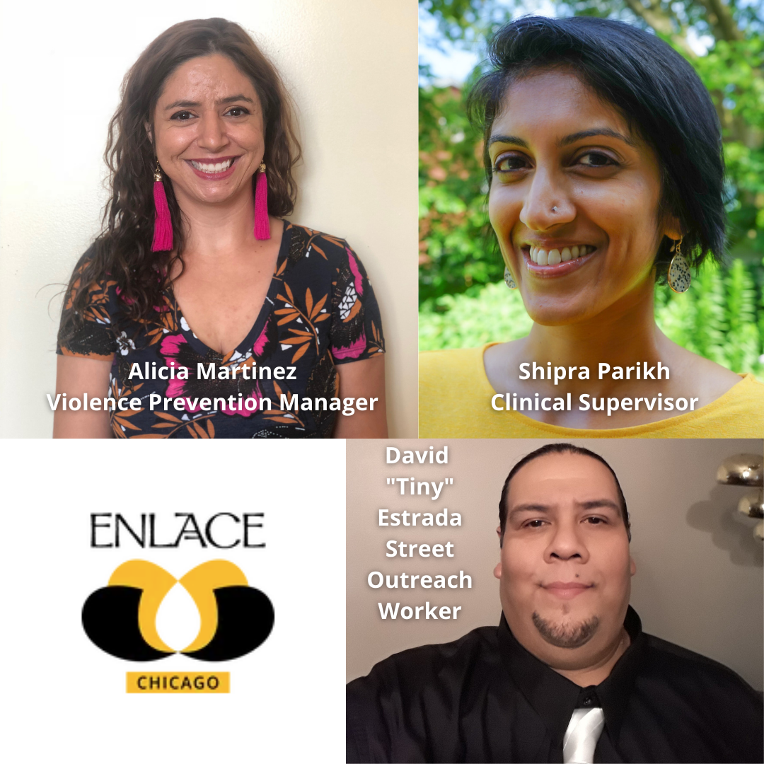 Alicia Martinez—Violence Prevention Manager, David "Tiny" Estrada—Street Outreach Worker, and Dr. Shipra Parikh—Clinical Supervisor at Enlace Chicago, featured for their Doin’ The Work podcast episode on community-rooted violence prevention, youth leadership, restorative justice, and trauma-informed support in the Little Village neighborhood of Chicago.