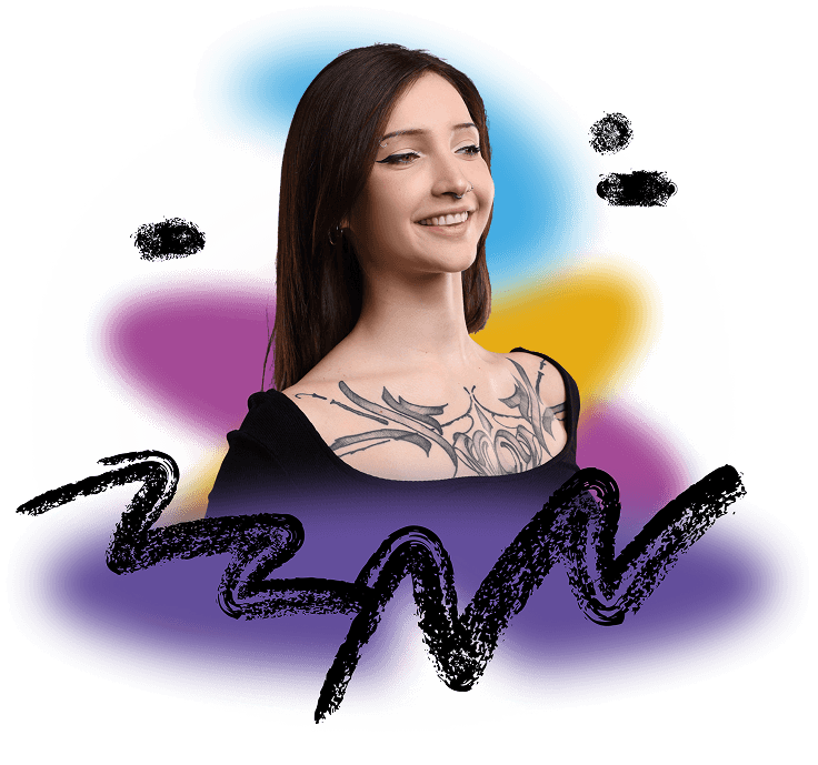 A young white woman with long dark hair smiles warmly, with visible tattoos across her chest and shoulder. She is set against an abstract dark background with colourful glows in pink, yellow, blue and purple, with black brushstroke marks framing the composition.