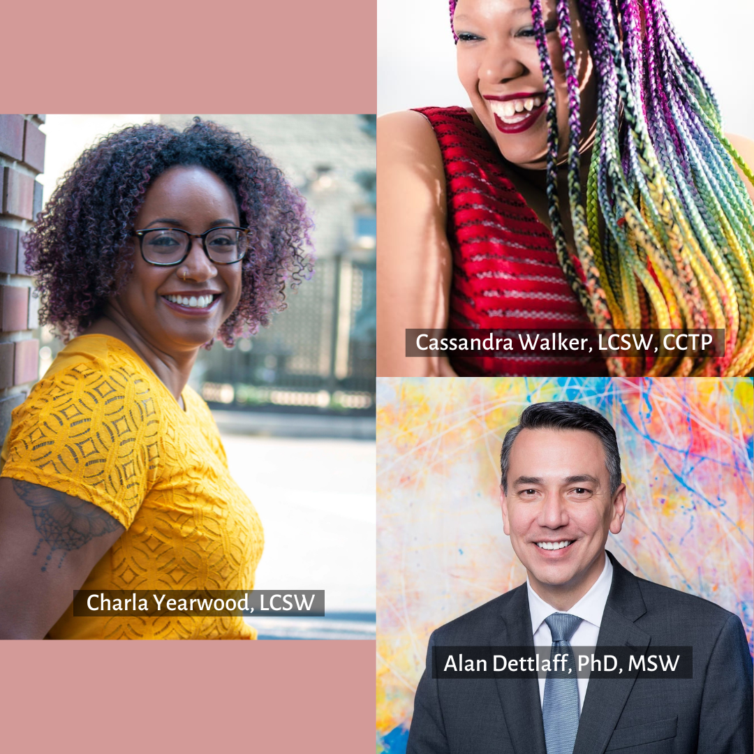 Charla Yearwood, LCSW; Cassandra Walker, LCSW, CCTP; and Alan Dettlaff, PhD, MSW—social work leaders and advocates for equity in licensure—featured for their Doin' The Work podcast episode on the racial bias of the ASWB licensing exam.