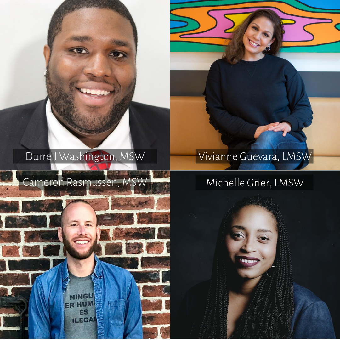 Durrell Washington, MSW; Vivianne Guevara, LMSW; Cameron Rasmussen, MSW; and Michelle Grier, LMSW—abolitionist social workers and members of the Network to Advance Abolitionist Social Work (NAASW)—featured for their Doin' The Work podcast episode discussing abolition, carceral systems, and collective organizing in social work.