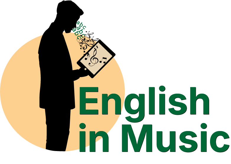 English in Music logo - an illustration of a man looking at a tablet and receiving words and letters in return.