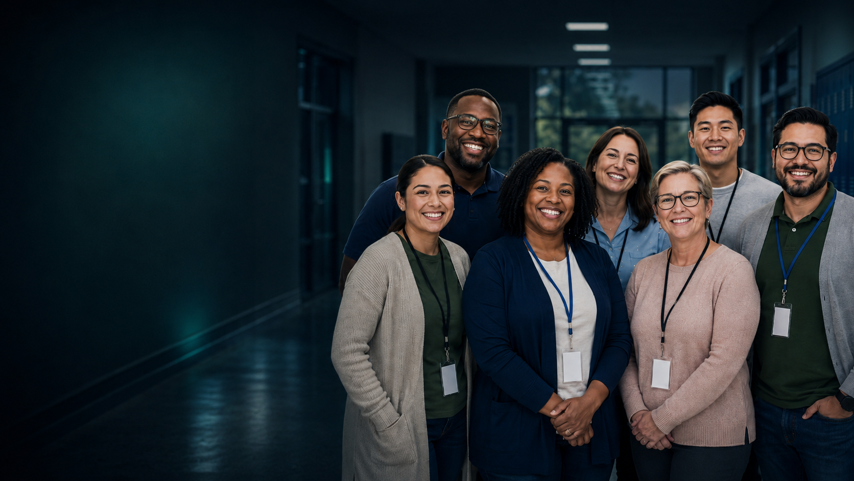 A team of smiling educators in a school hallway