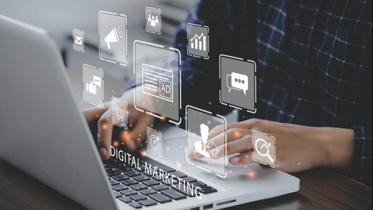 social media icons floating above phone