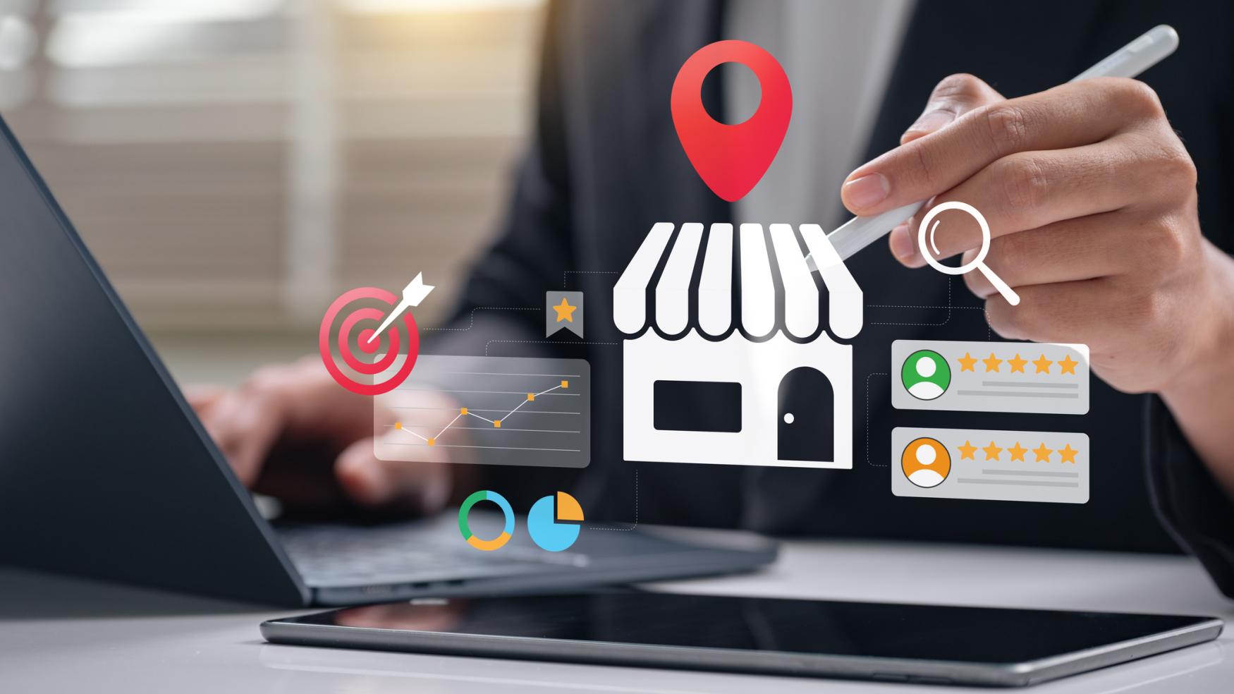 person writing on a tablet with brick and mortar icons