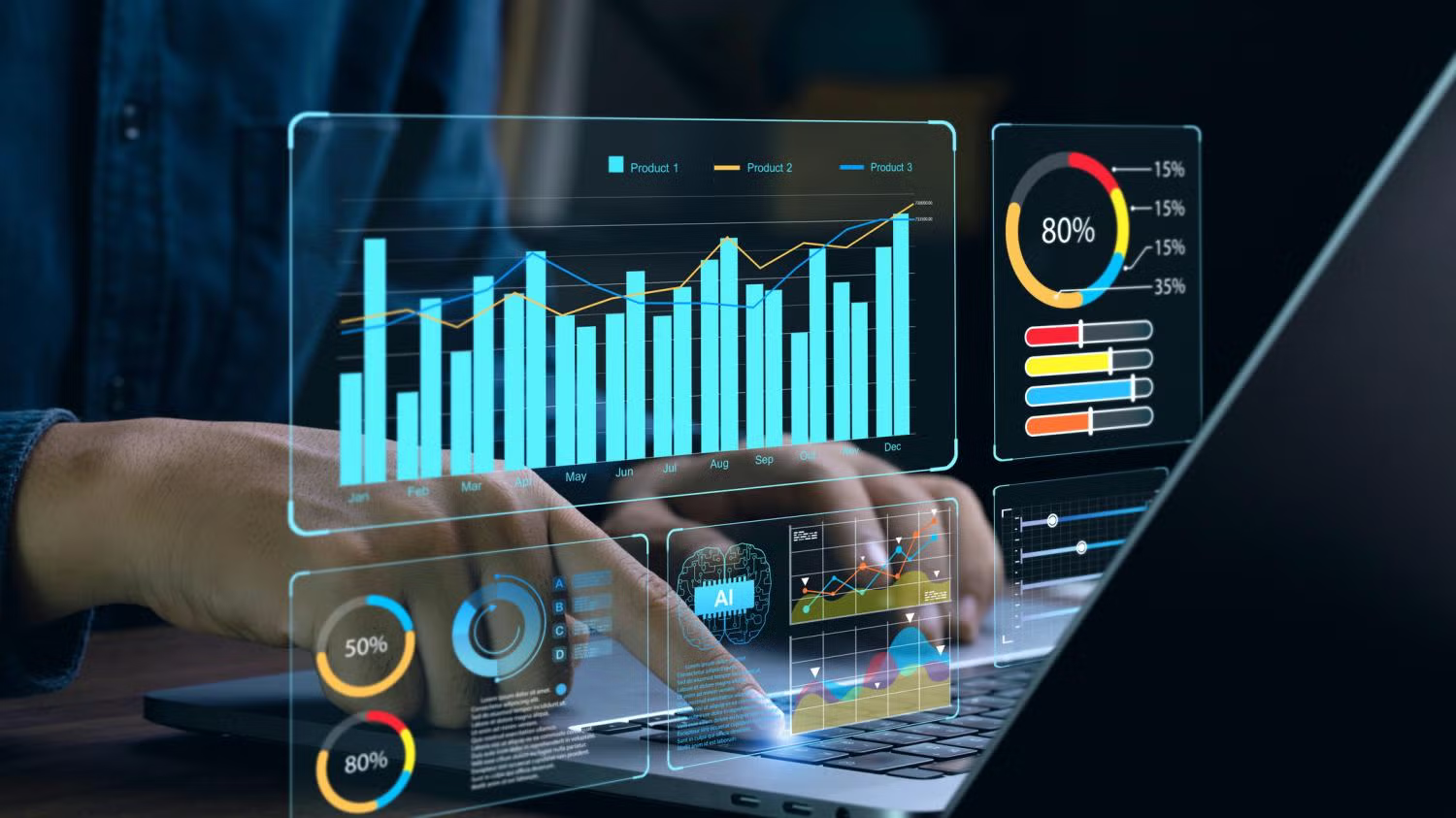 person using laptop with metrics graphics hovering above