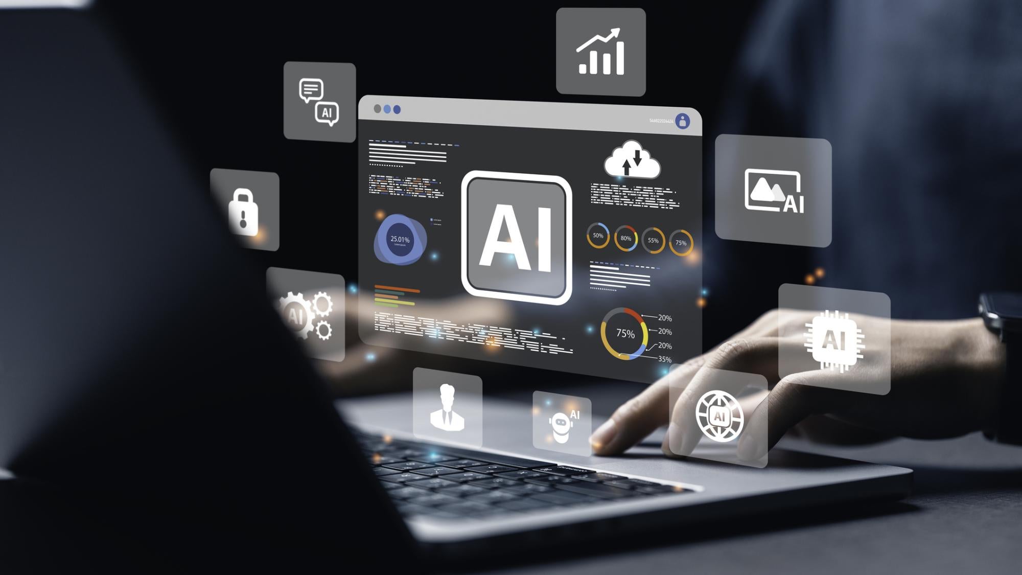 person using laptop with metrics graphics hovering above
