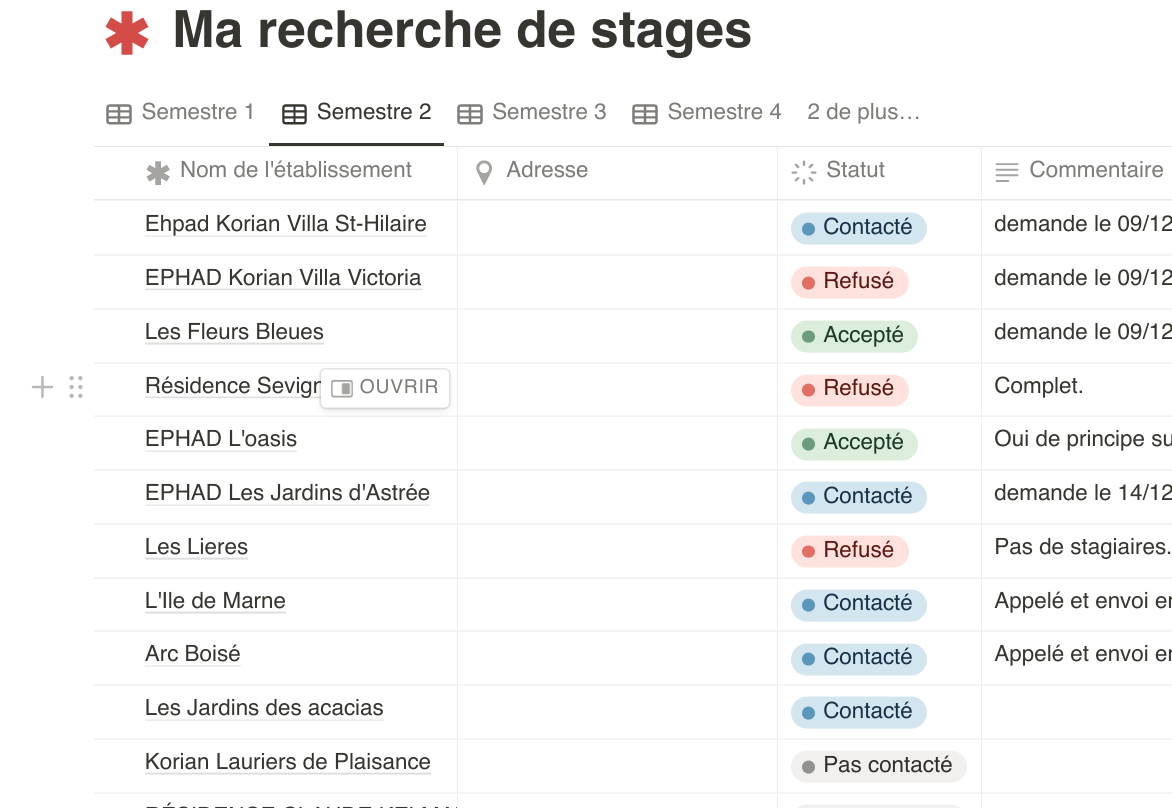 Exemple du template Notion conçu pour les étudiants infirmiers
