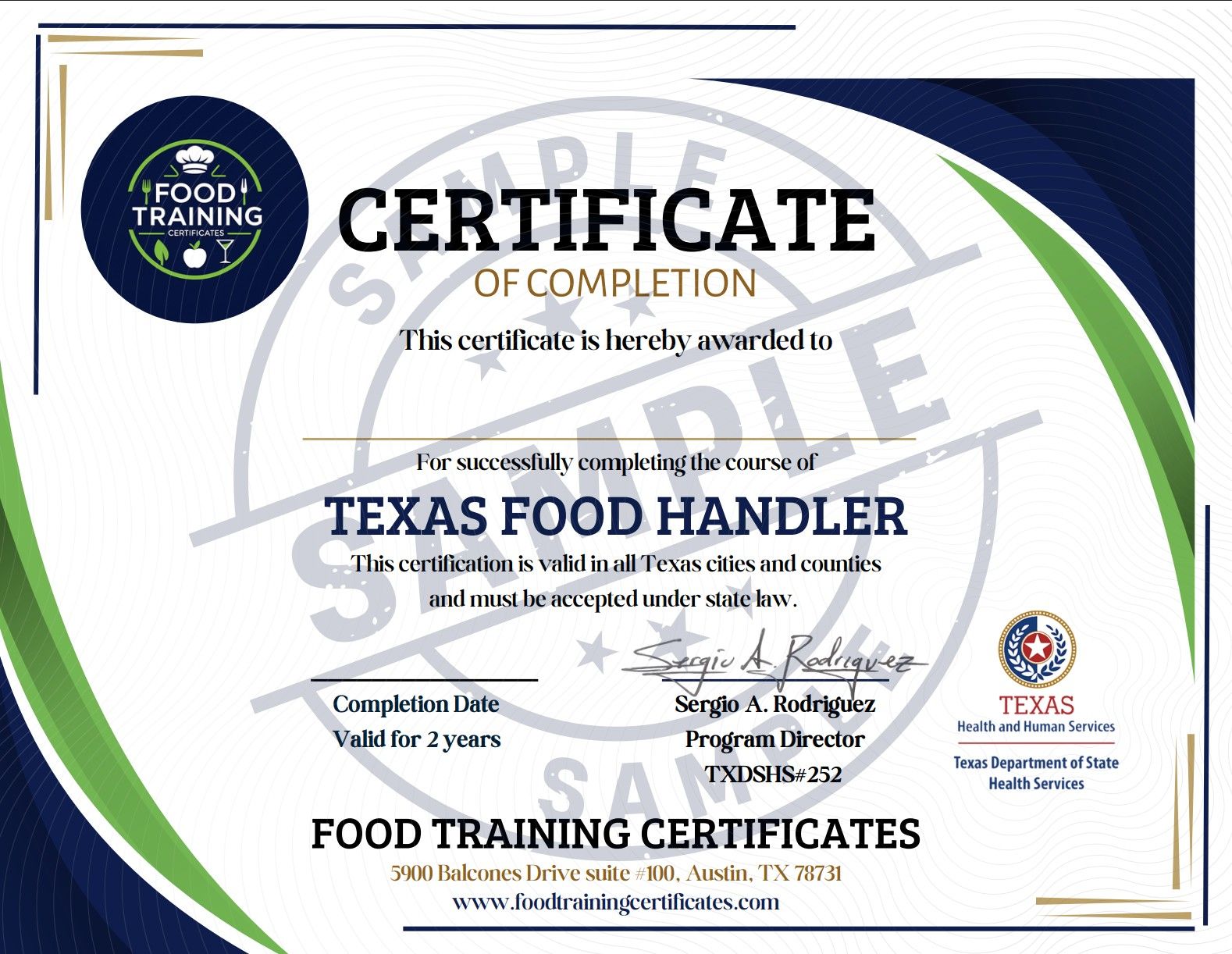 Sample Texas Food Handler Certificate - TXDSHS 252 - Food Training Certificates
