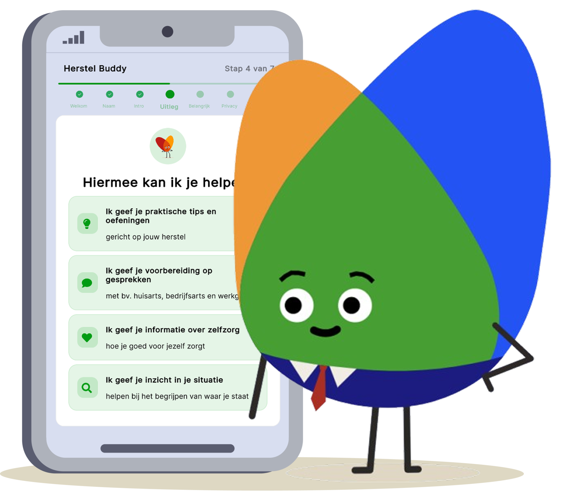 Telefoon met de Herstel Buddy app