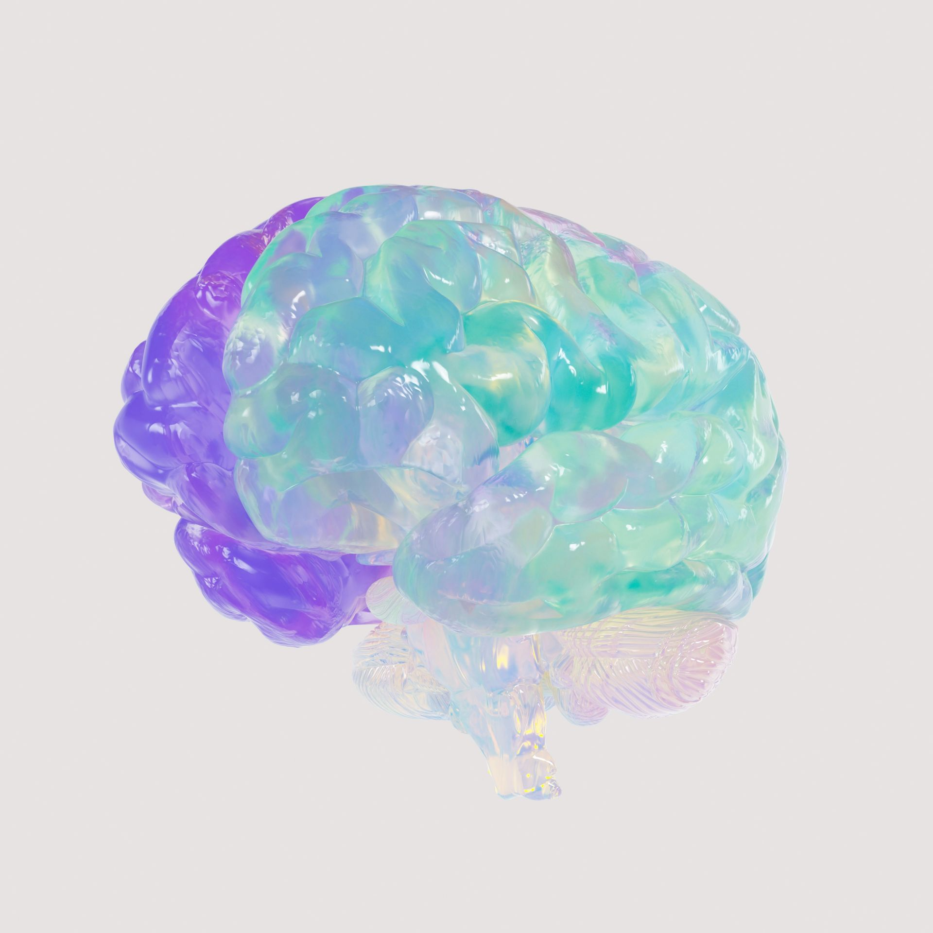 Semi-transparent brain with smooth, glossy texture, blending vibrant colors of turquoise, purple, and pink, evoking a futuristic and ethereal feel.