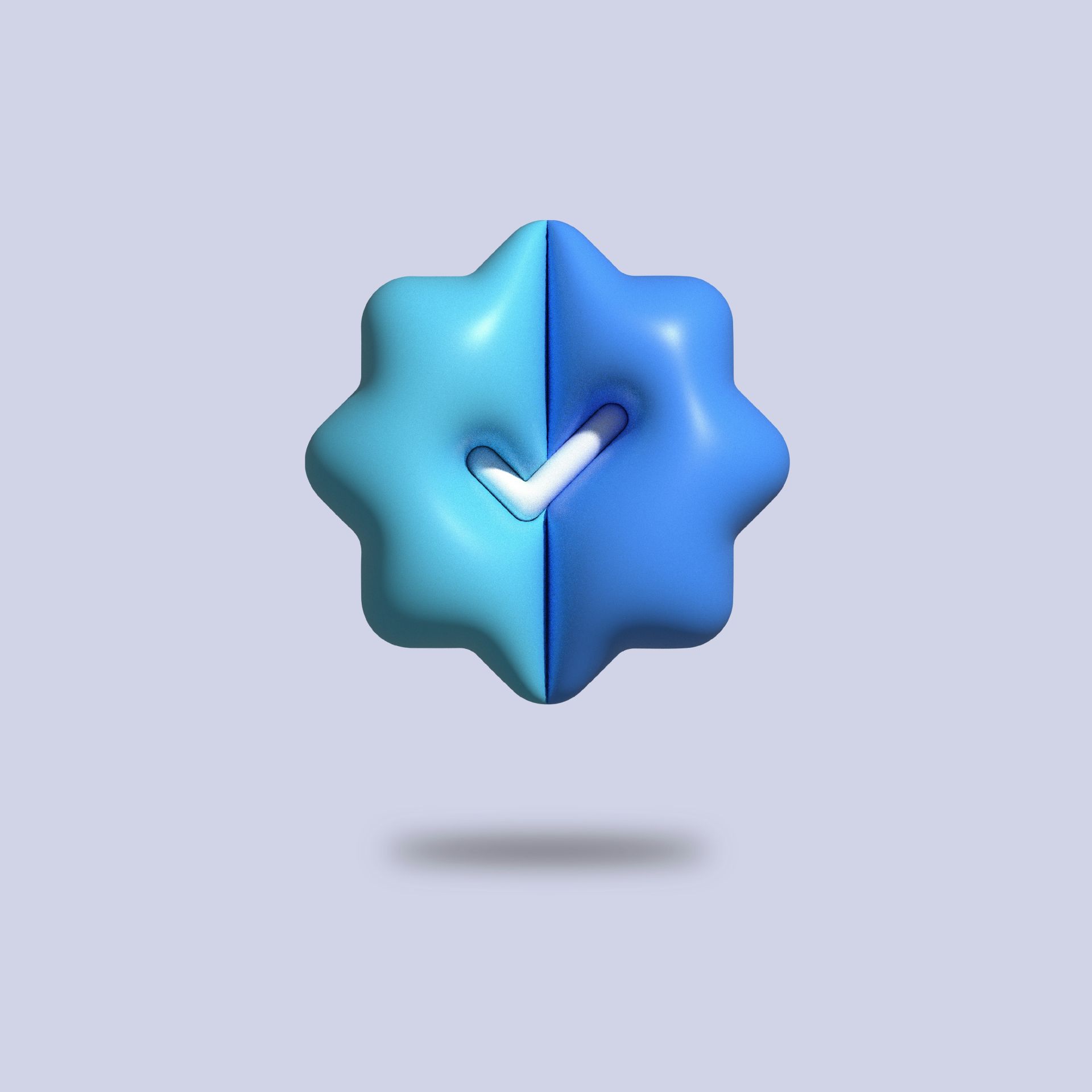 A blue star-shaped badge split diagonally into light and dark shades, with a raised white checkmark in the center, on a light gray background.