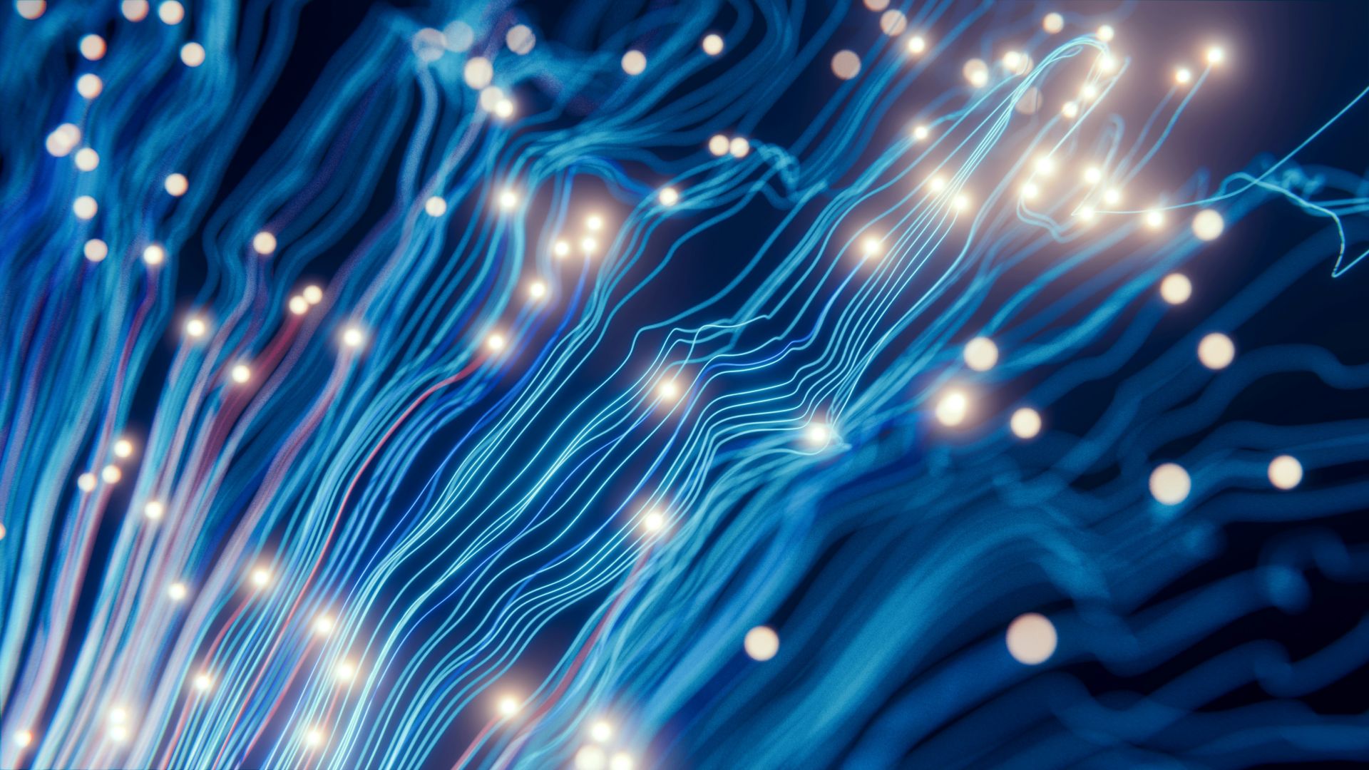 glowing blue fiber optic lines interwoven with bright white light points