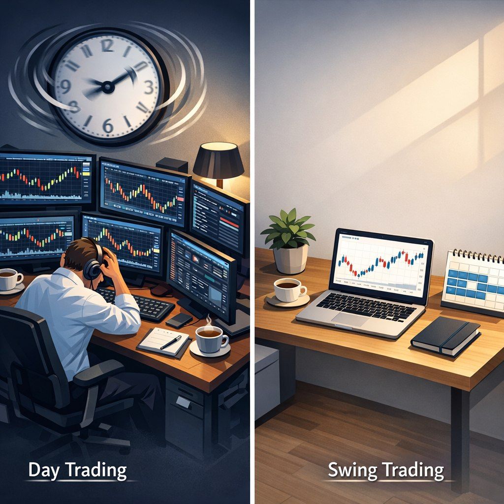 اینفوگرافیک مقایسه تفاوت معاملهگری روزانه و نوسانگیری؛ نمایش محیط کار شلوغ در برابر محیط آرام و تایمفریمهای متفاوت.