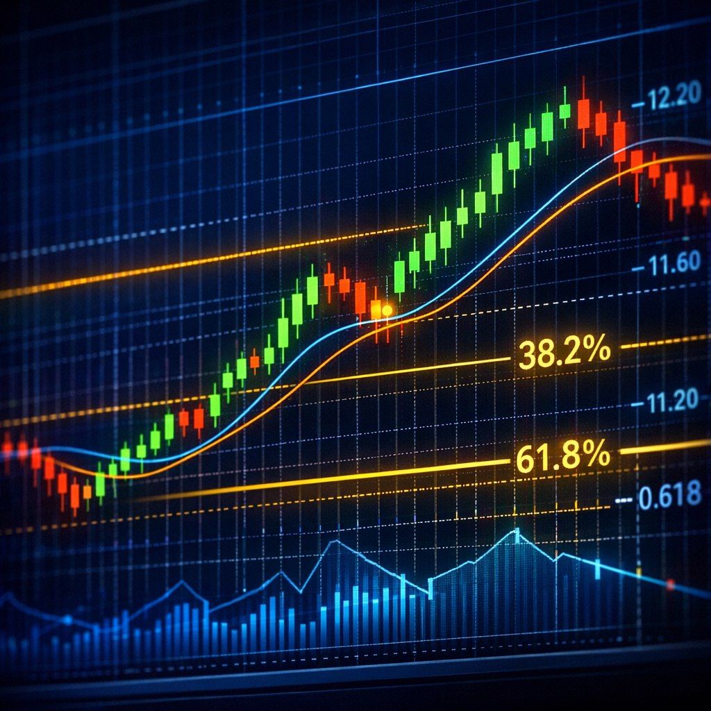 نمودار تحلیل تکنیکال نوسانگیری شامل اندیکاتورهای میانگین متحرک، سطوح فیبوناچی اصلاحی و الگوی پولبک