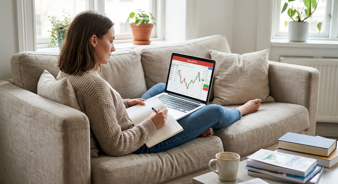 تریدر تازه‌کار در حال تمرین استراتژی معاملاتی در حساب دمو فارکس بدون ریسک مالی