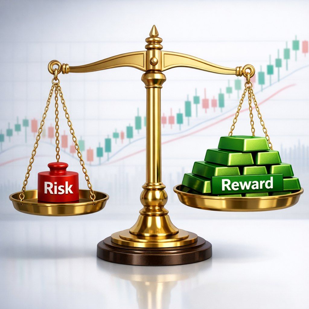 مفهوم مدیریت سرمایه در نوسانگیری؛ ترازویی که نسبت ریسک به ریوارد ۱ به ۳ را نشان میدهد.