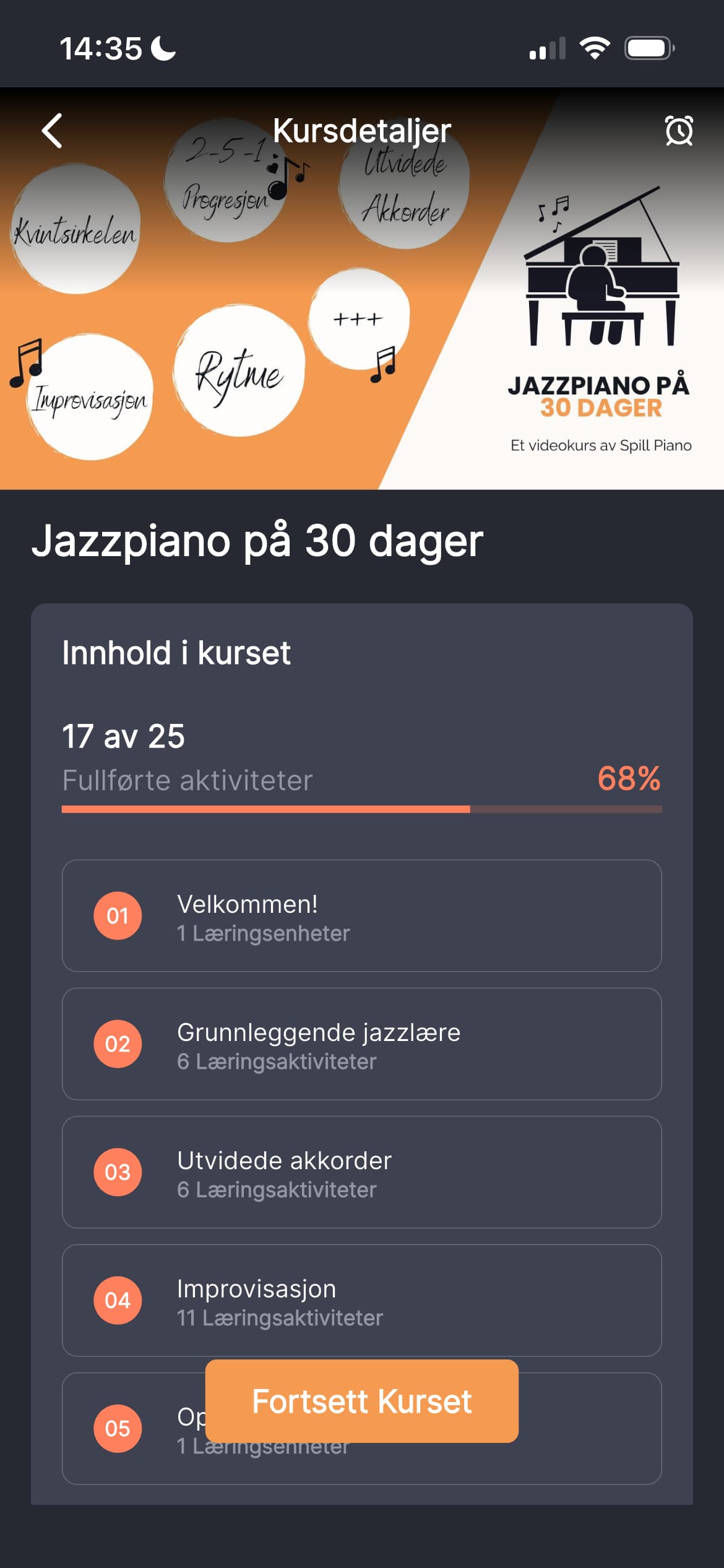 Kursoversikt med progresjon i Spill Piano-appen