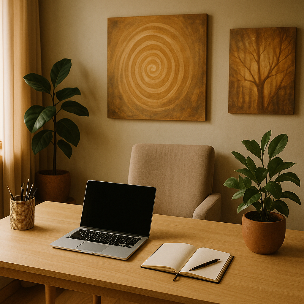 Therapist desk with laptop open and notebook, symbolizing building an online presence with therapist seo near me