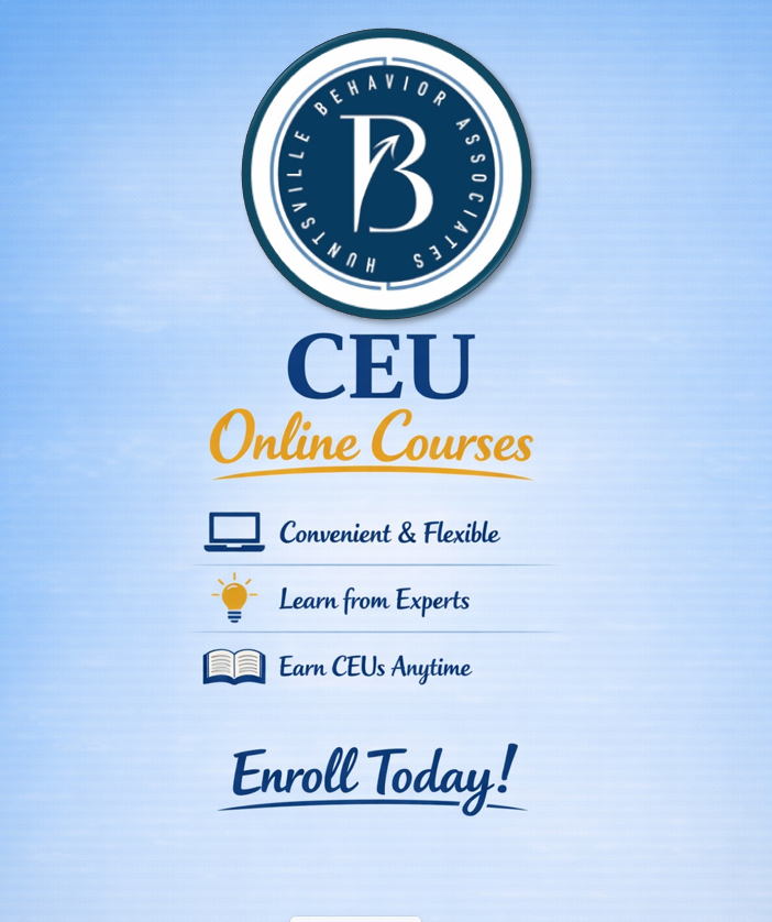 image of Huntsville Behavior Associates Logo and arrows pointing at a home, heart, school, and CEU book