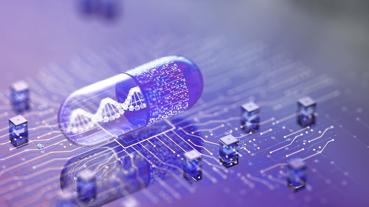 A graphic of a pharmaceutical capsule on top of a computer chip | Graphic for "Practical HPLC for Biopharmaceuticals" course from Analytical Training Solutions