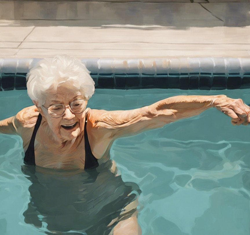 An older woman stands in a pool with her arms stretched out to the sides.