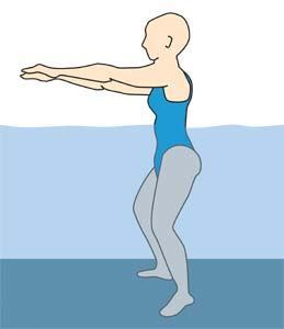 Illustration of a standing exercise in the water with arms extended.