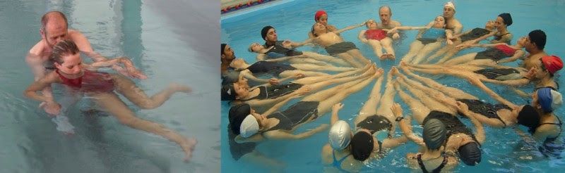 Two photos: a therapist supports a floating client, and a group lies in a star formation in the pool.