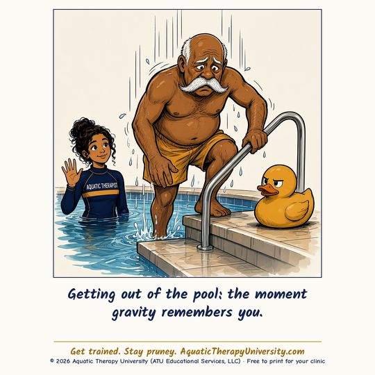 Cartoon thumbnail: a dripping older man climbs the pool steps with a worried look. Getting out of the pool: the moment gravity remembers you.