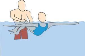 Illustration of an instructor supporting a swimmer who floats on her back.