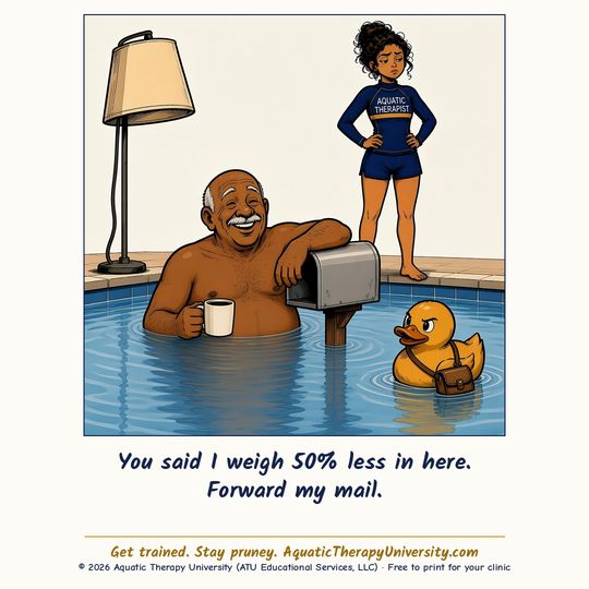 Cartoon thumbnail: man in a therapy pool leaning on a mailbox. You said I weigh 50% less in here. Forward my mail.