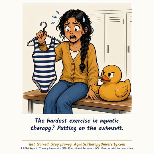 Cartoon thumbnail: a young woman on a locker-room bench stares at a small striped swimsuit on a hanger, with an angry rubber duck beside her. The hardest exercise in aquatic therapy? Putting on the swimsuit.