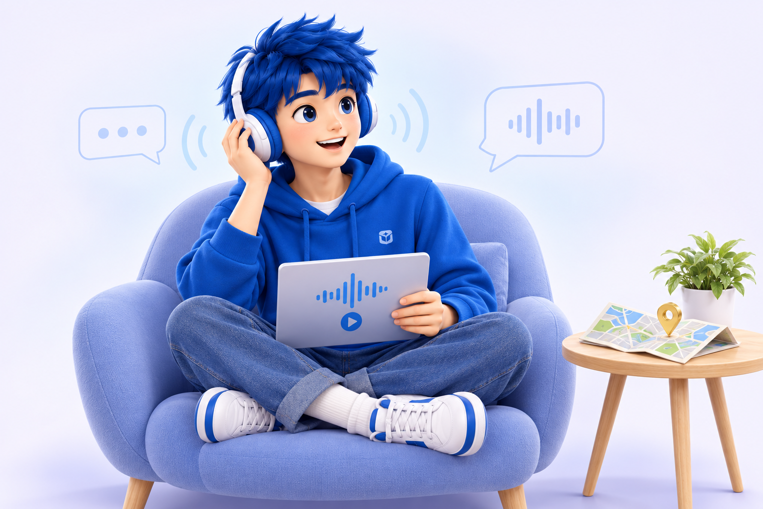 شخصية يو باو تستمع بسماعات، استعدادًا للتعلّم