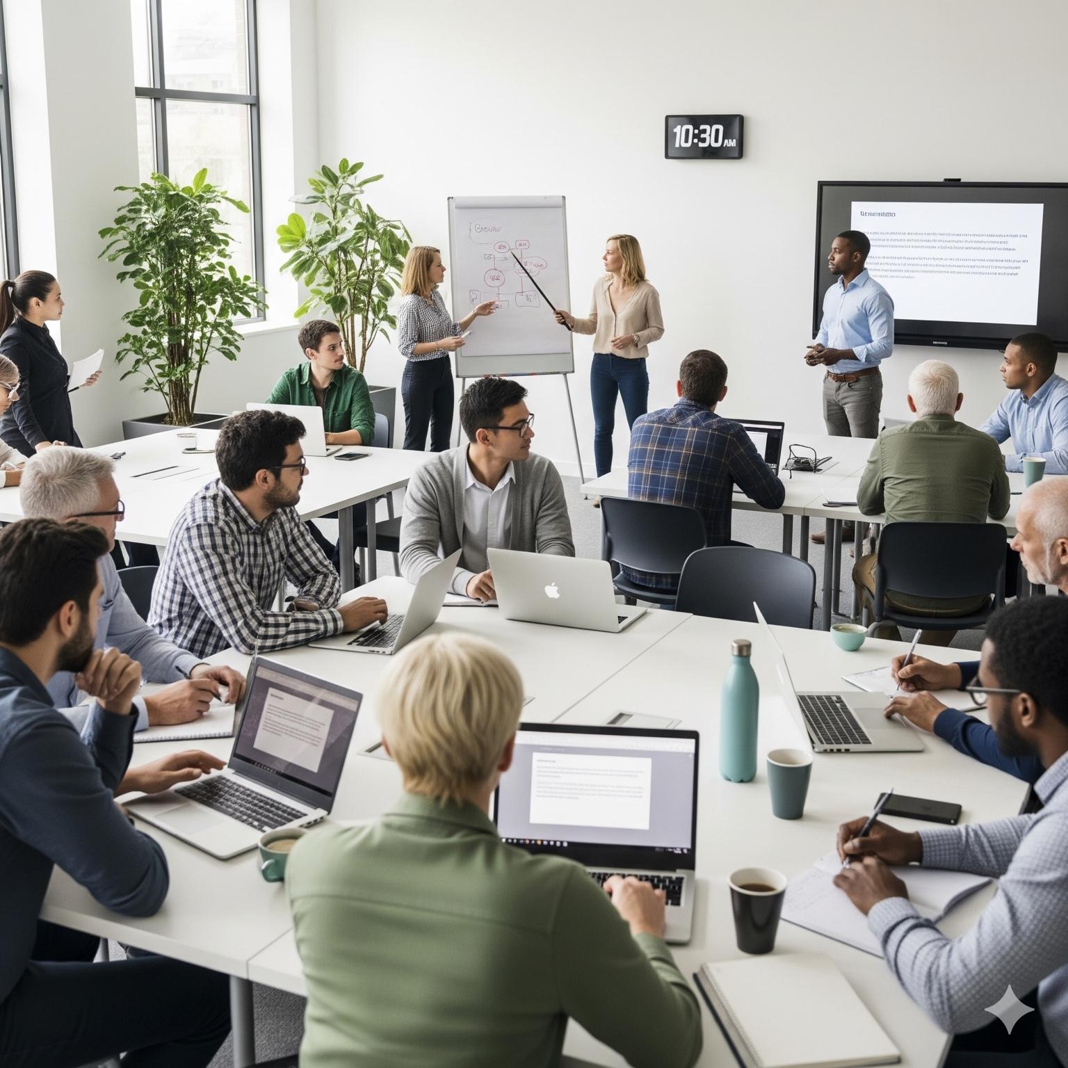 Financialize Academy training and courses overview with agents reviewing charts, digital content, and course materials together