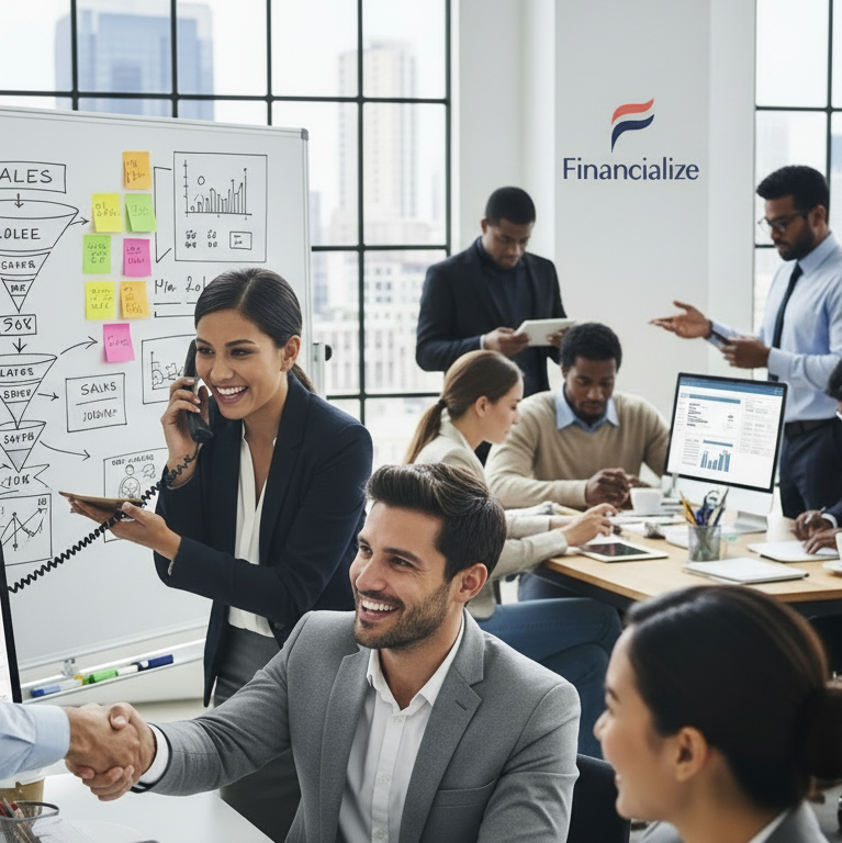 Financialize Academy sales team engaged in training with sales funnels, charts, and handshake partnership in an office setting