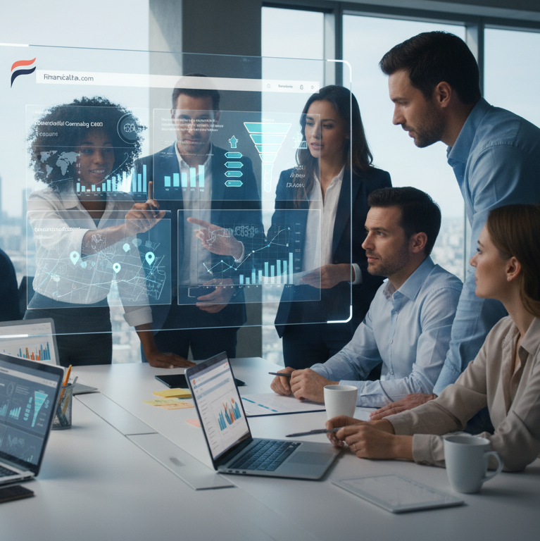 Financialize Academy team collaborating on leads and marketing strategies with digital dashboards and analytics displayed