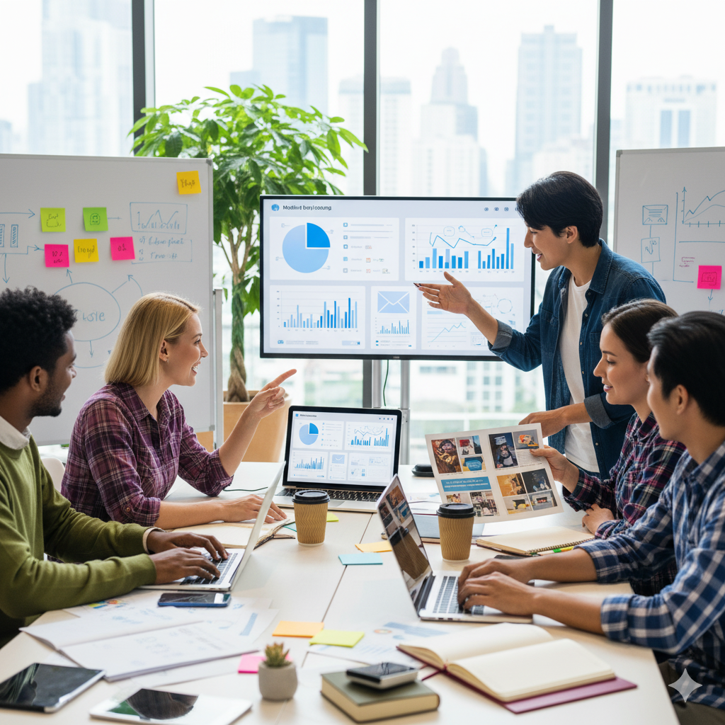 Financialize Academy marketing training workshop with diverse team analyzing charts, campaigns, and digital advertising data