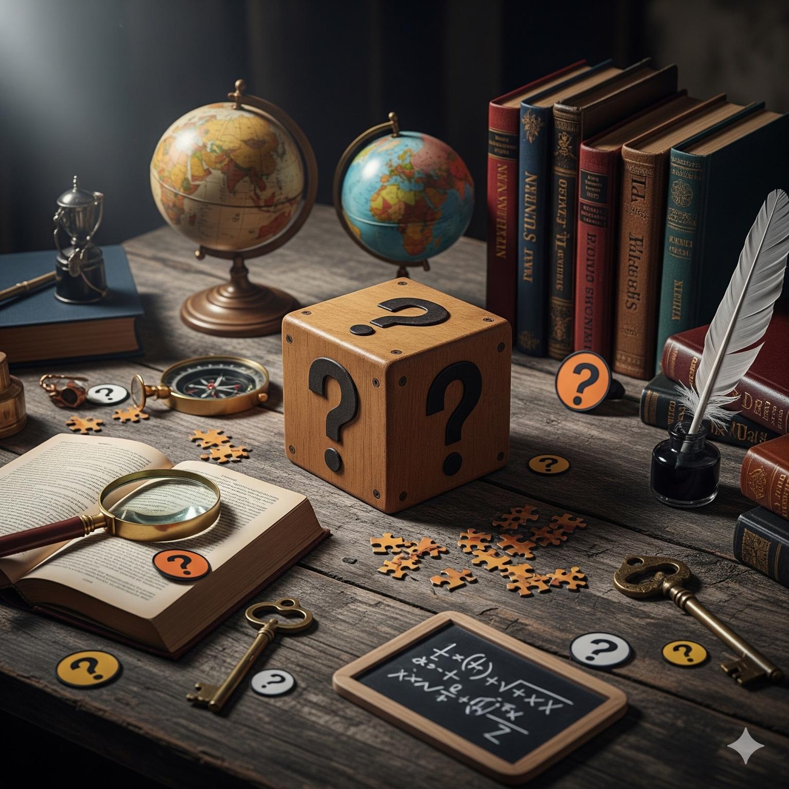 Financialize Academy FAQ concept with books, globe, keys, and question marks representing knowledge and answers for agents