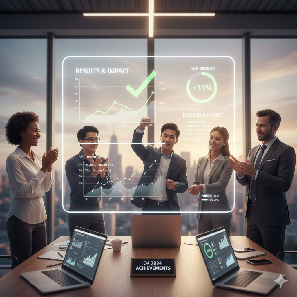 Financialize Academy training session showing agents celebrating business growth results and impact with charts and analytics