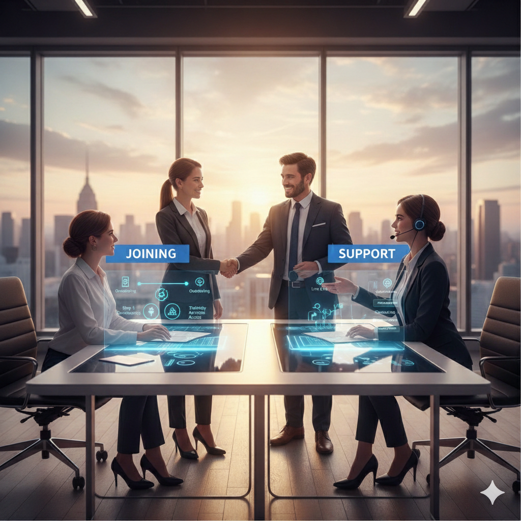 Financialize Academy joining and support process with agents shaking hands and accessing online support systems