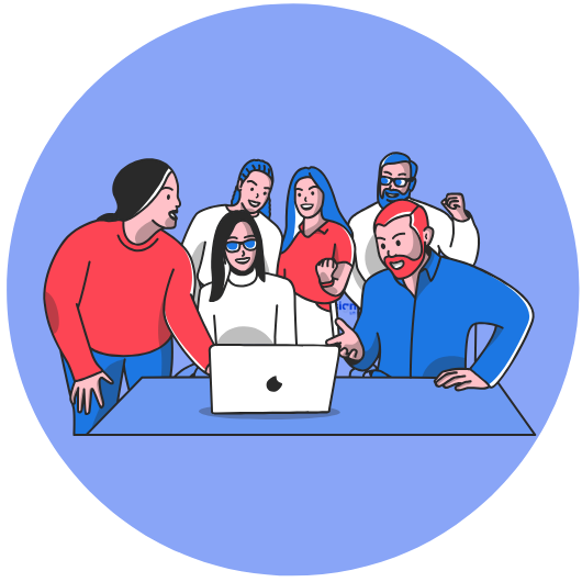 Un grup de persones reunides al voltant d'un ordinador portàtil.