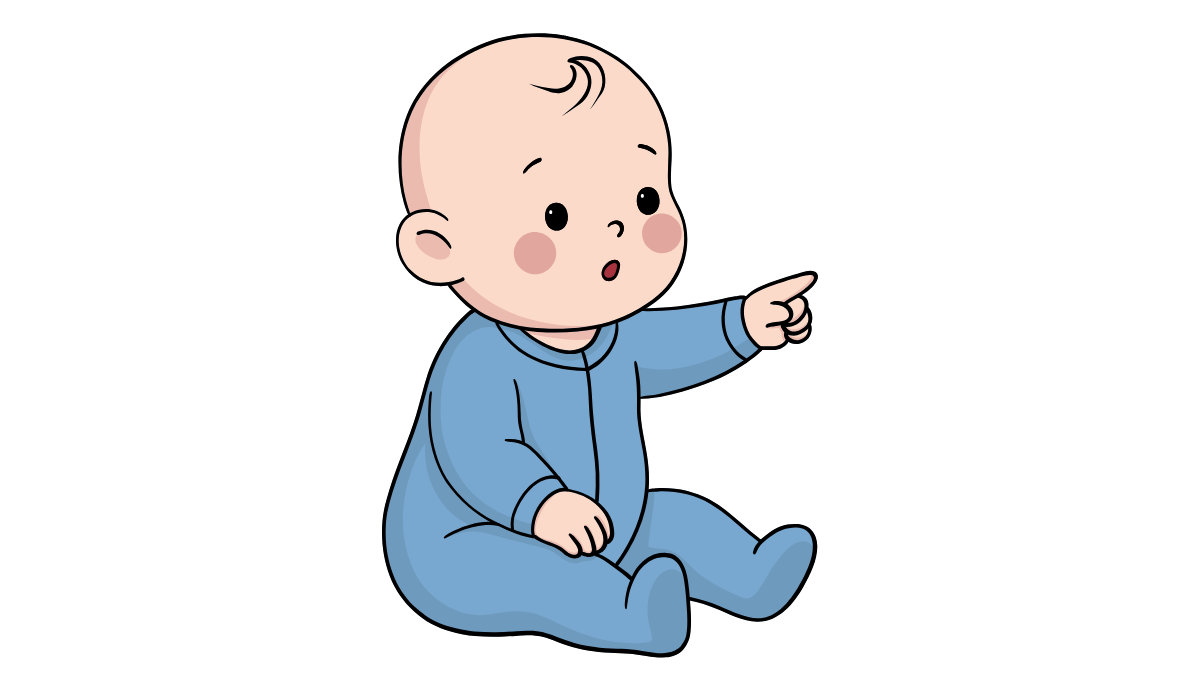 Un nadó assegut, amb un pijama blau, assenyalant amb el dit.