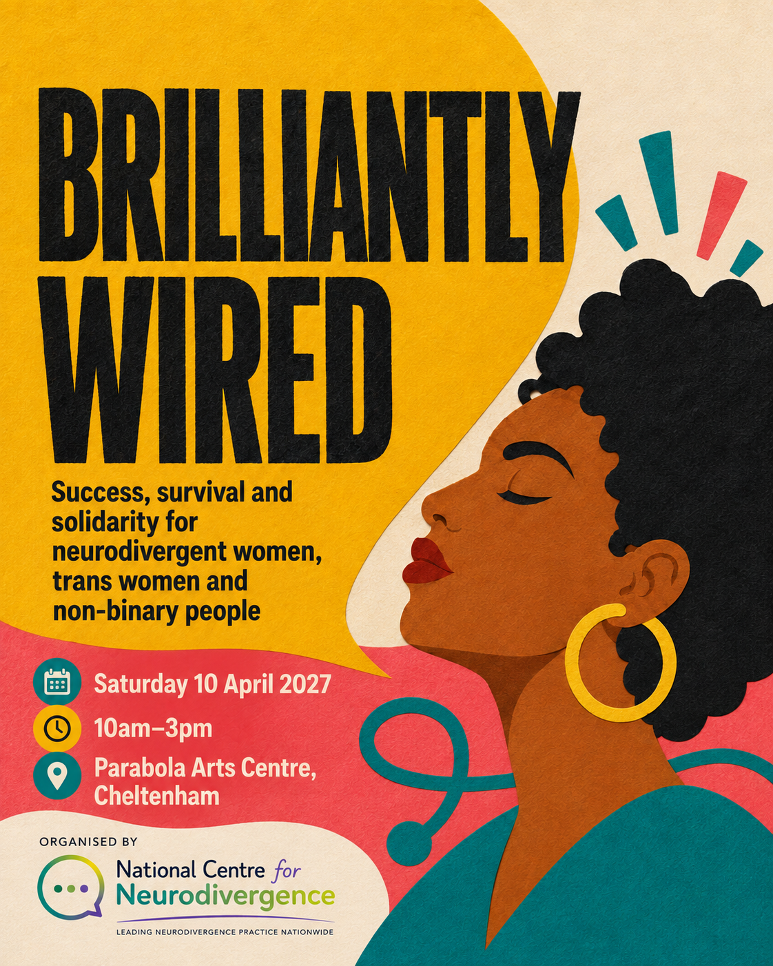 Poster for Brilliantly Wired, a neurodivergent-led event for neurodivergent women, trans women and non-binary people, taking place on Saturday 10 April 2027, 10am to 3pm, at Parabola Arts Centre, Cheltenham.