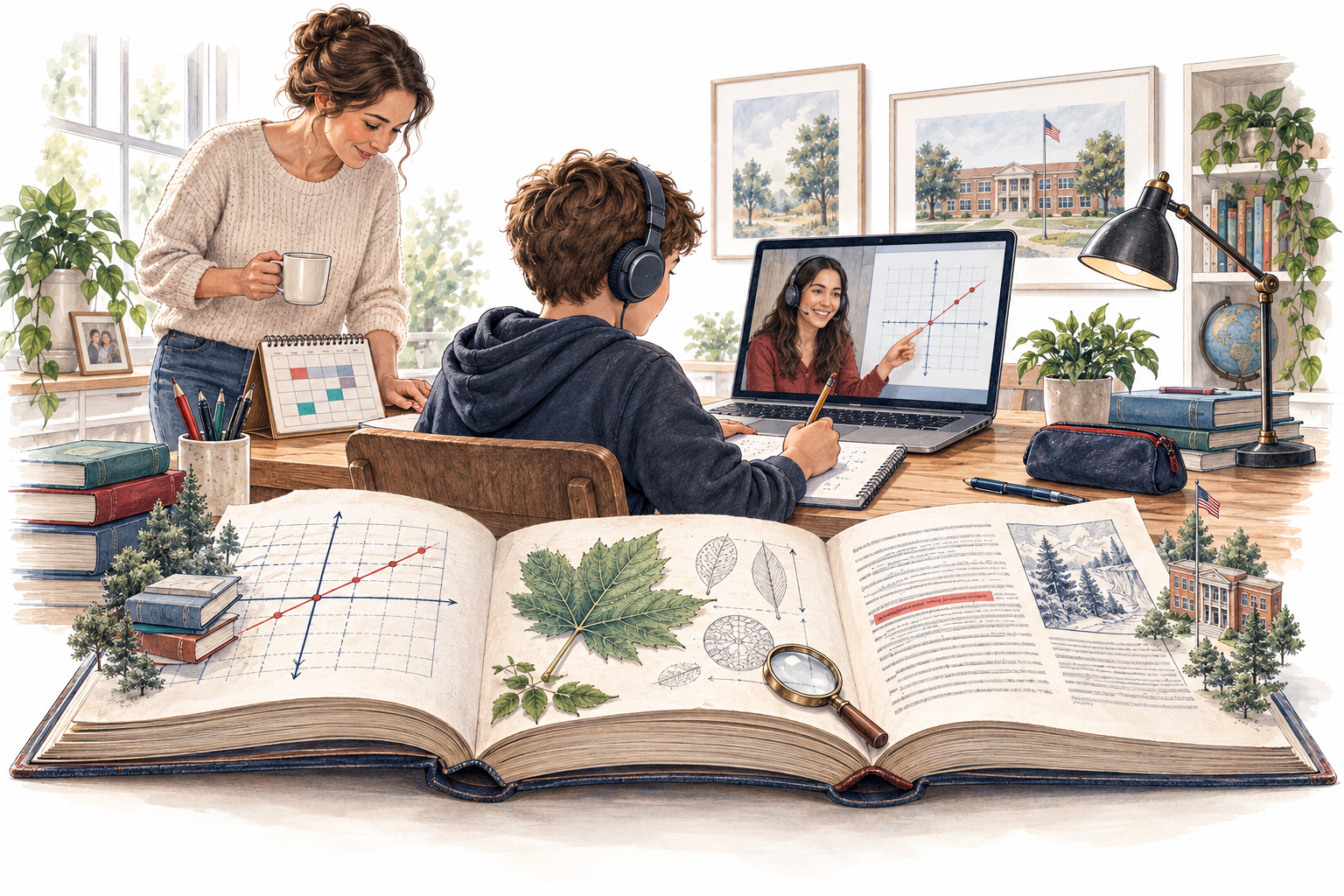 A learner studies Math, Science and English Language Arts with an online tutor while a parent checks the session calendar.