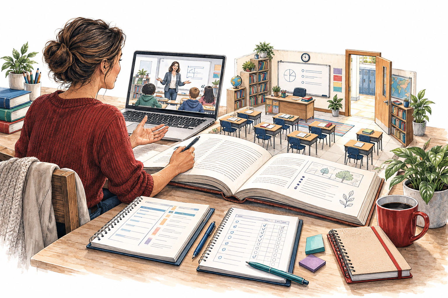 An adult learner studies classroom routines, a lesson plan, attendance and handoff notes in an online training setting.