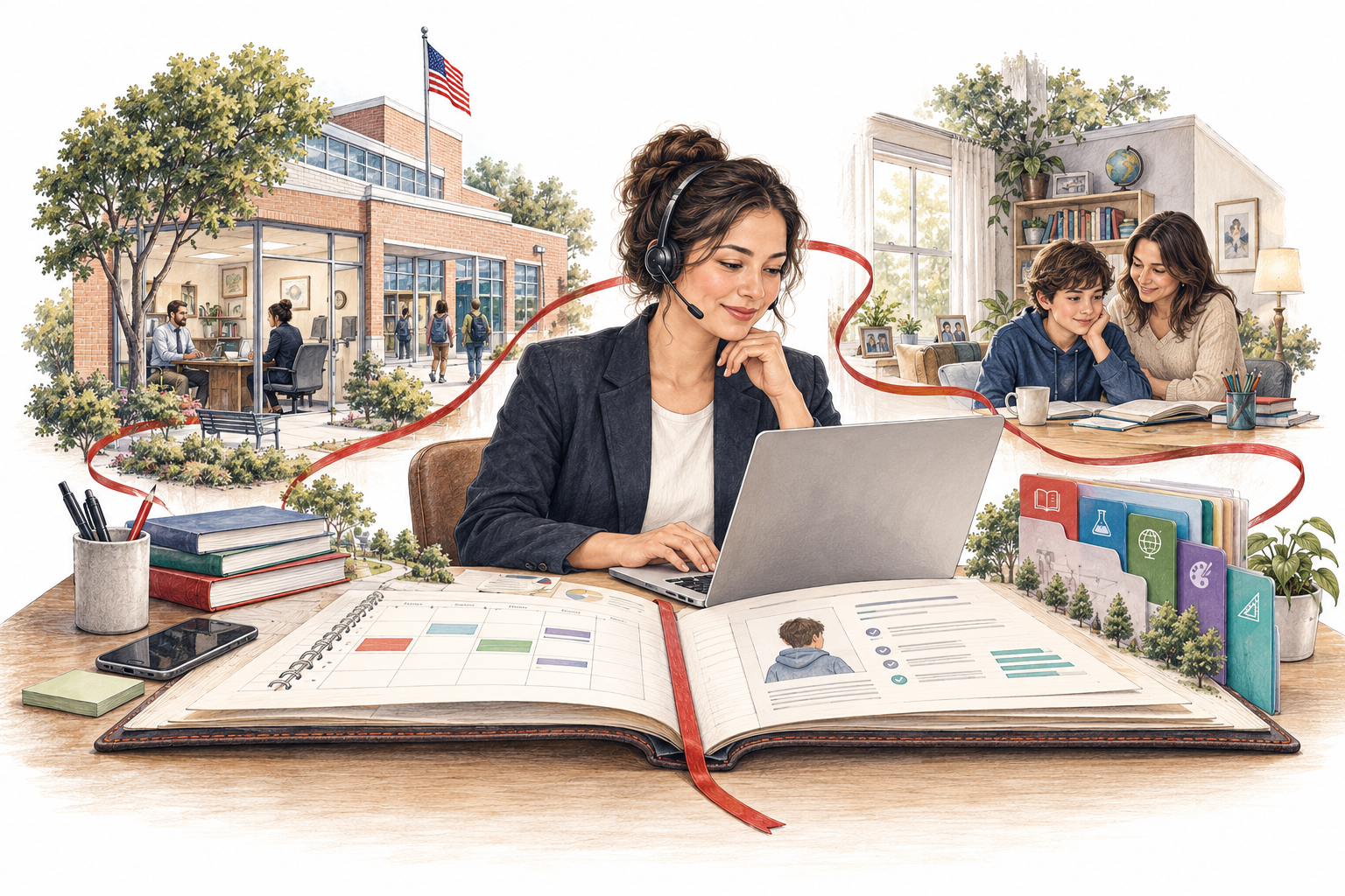 An UpReach coordinator connects a school request and a family learning need with a calendar and follow-up notes.
