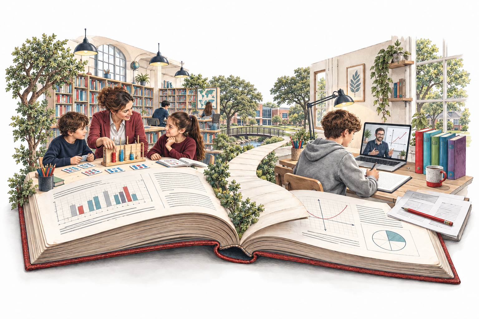 An open book connects school intervention, a learner studying online at home and a path through an American school campus.