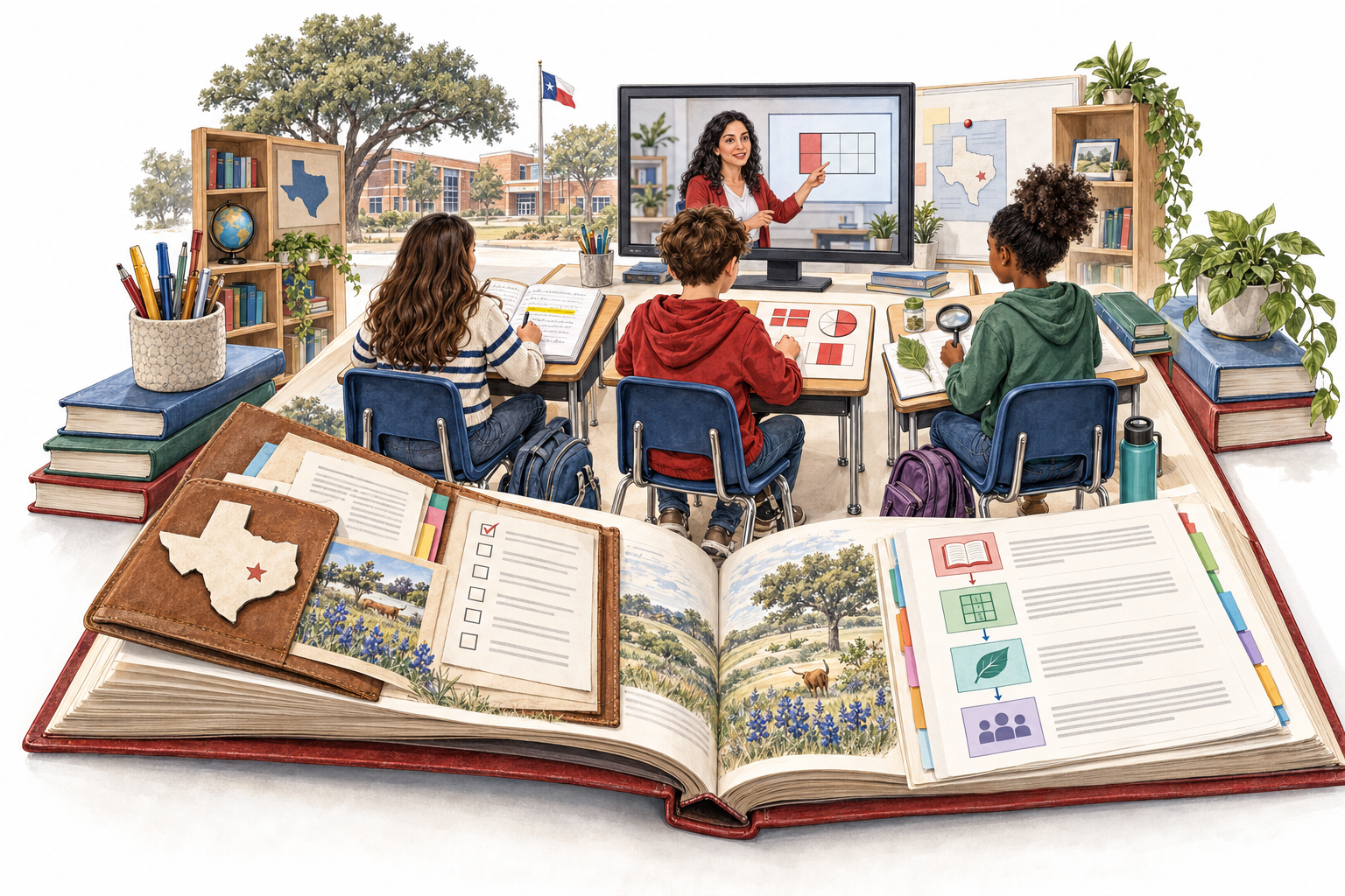 Texas students join an online lesson with grade-specific reading, fraction models and scientific observations.