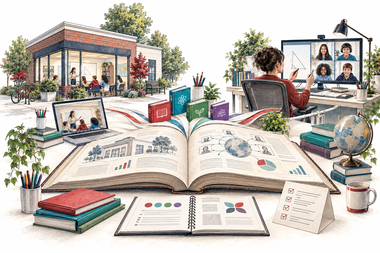 Two franchise models share a learning system: a physical center with online courses and a fully online learning center.